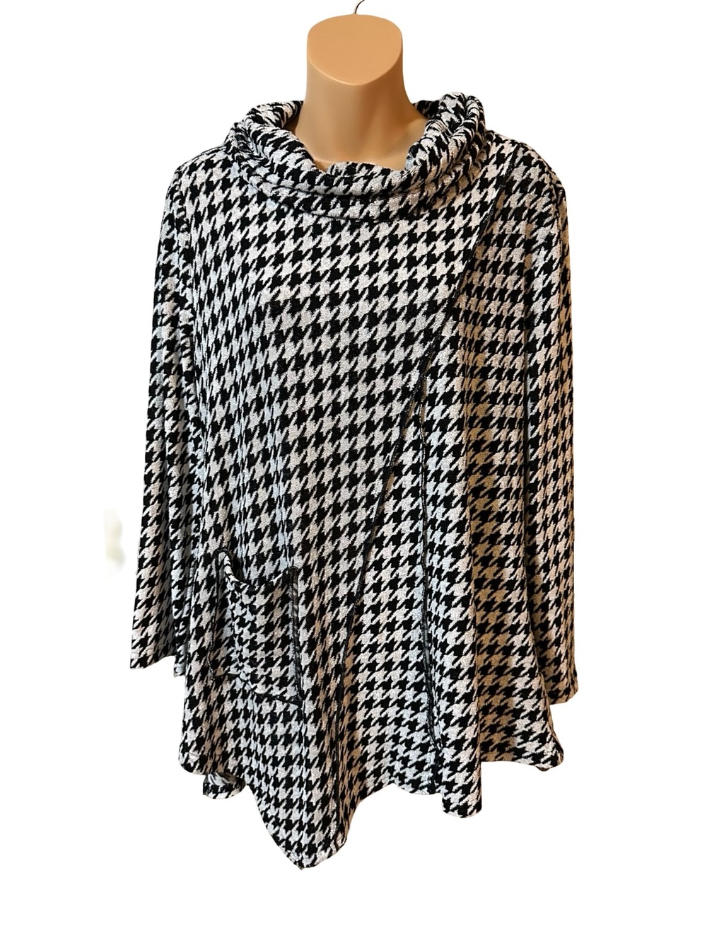Violet Ruby XL Houndstooth Cowl Neck Tunic Asymmetrical Hem Top Pockets